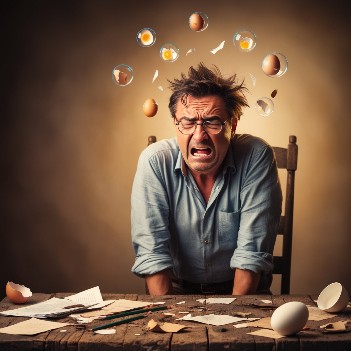 A man sits at a table, surrounded by flying eggs, creating a whimsical and surreal atmosphere.