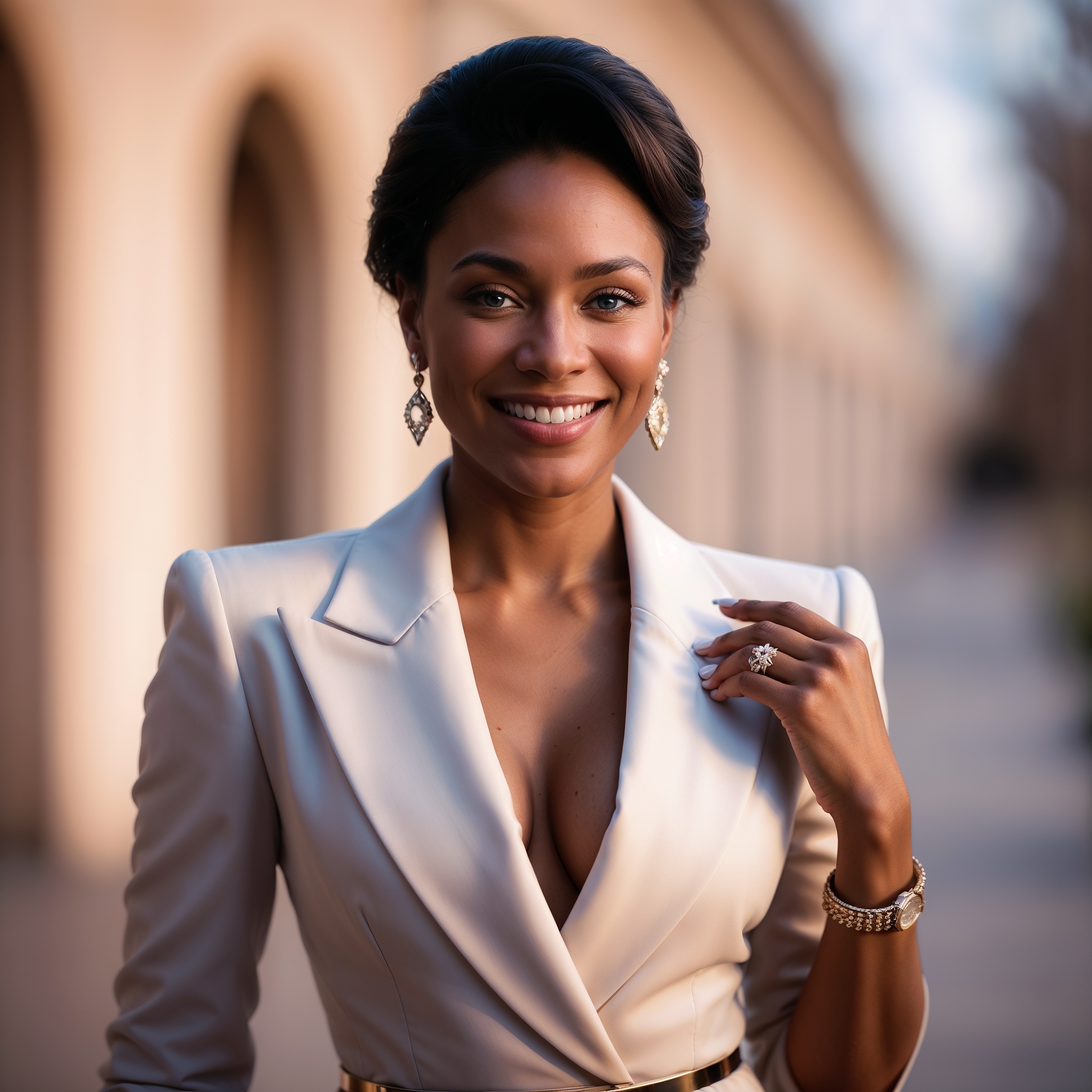 A woman wearing a white suit adorned with elegant gold jewelry, exuding sophistication and style.