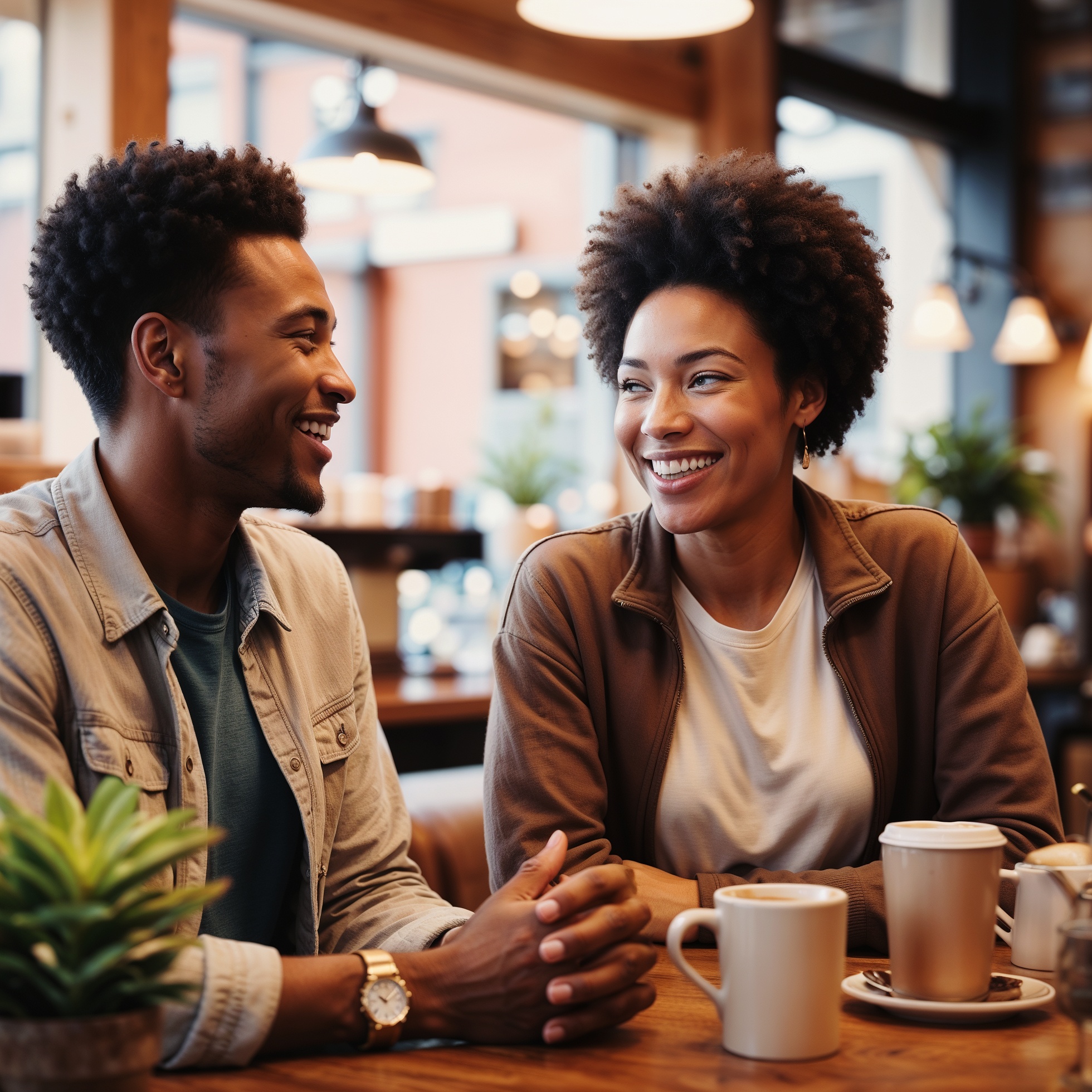 A couple shares a joyful moment, smiling at each other while seated in a cozy coffee shop.
