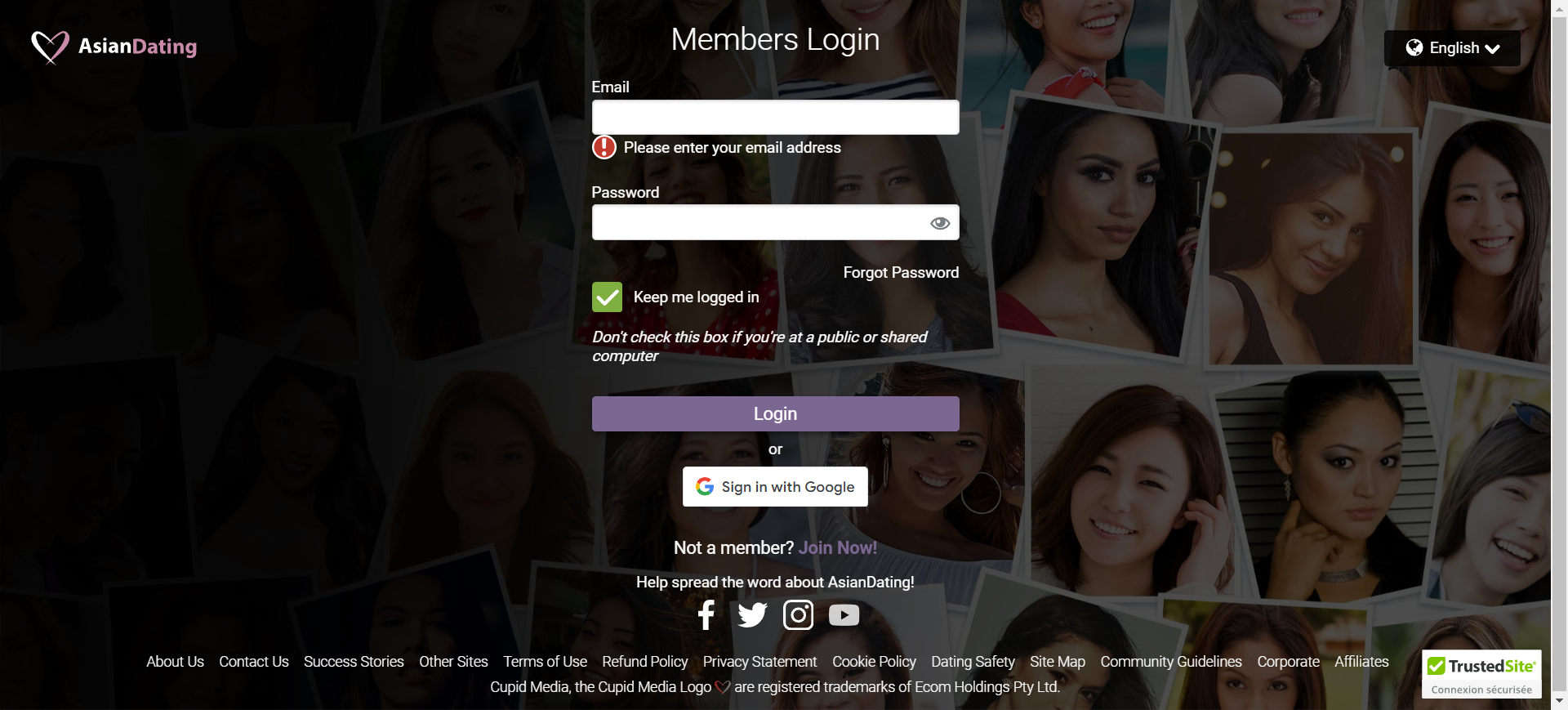 A login screen for a dating site featuring fields for username and password, along with a login button and branding elements.