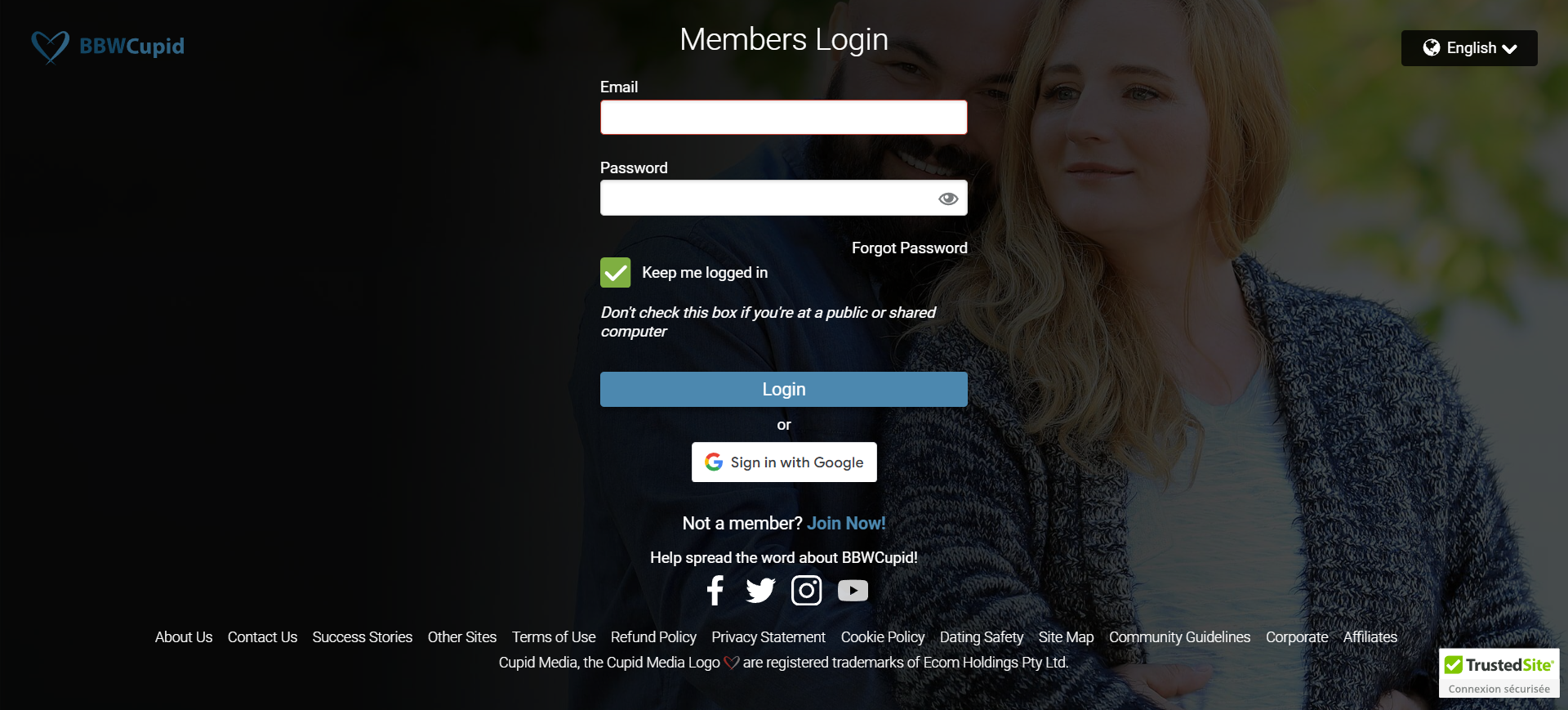 A couple stands together in front of a dating site, symbolizing connection and romance in the digital age.