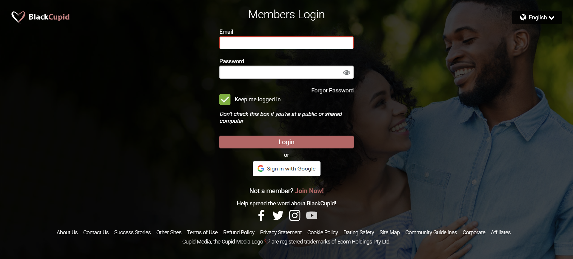A couple on the login page of a dating site, encouraging users to sign in and discover potential matches.