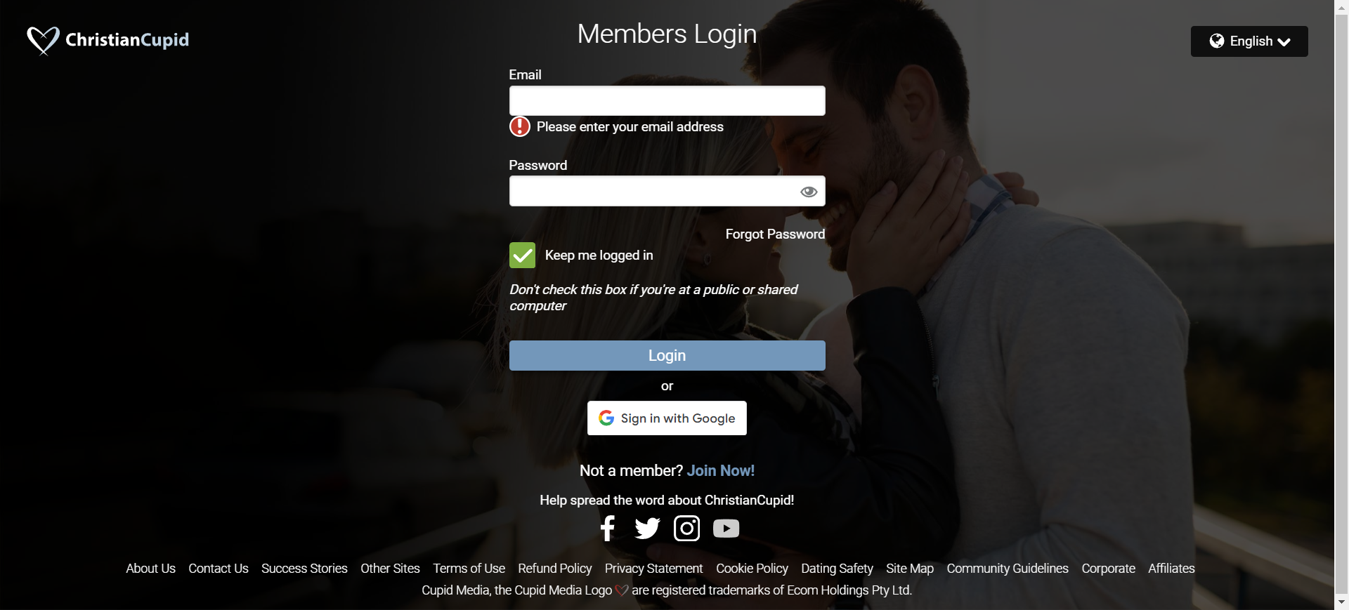 A login page for a dating site featuring fields for username and password, along with a login button and branding elements.