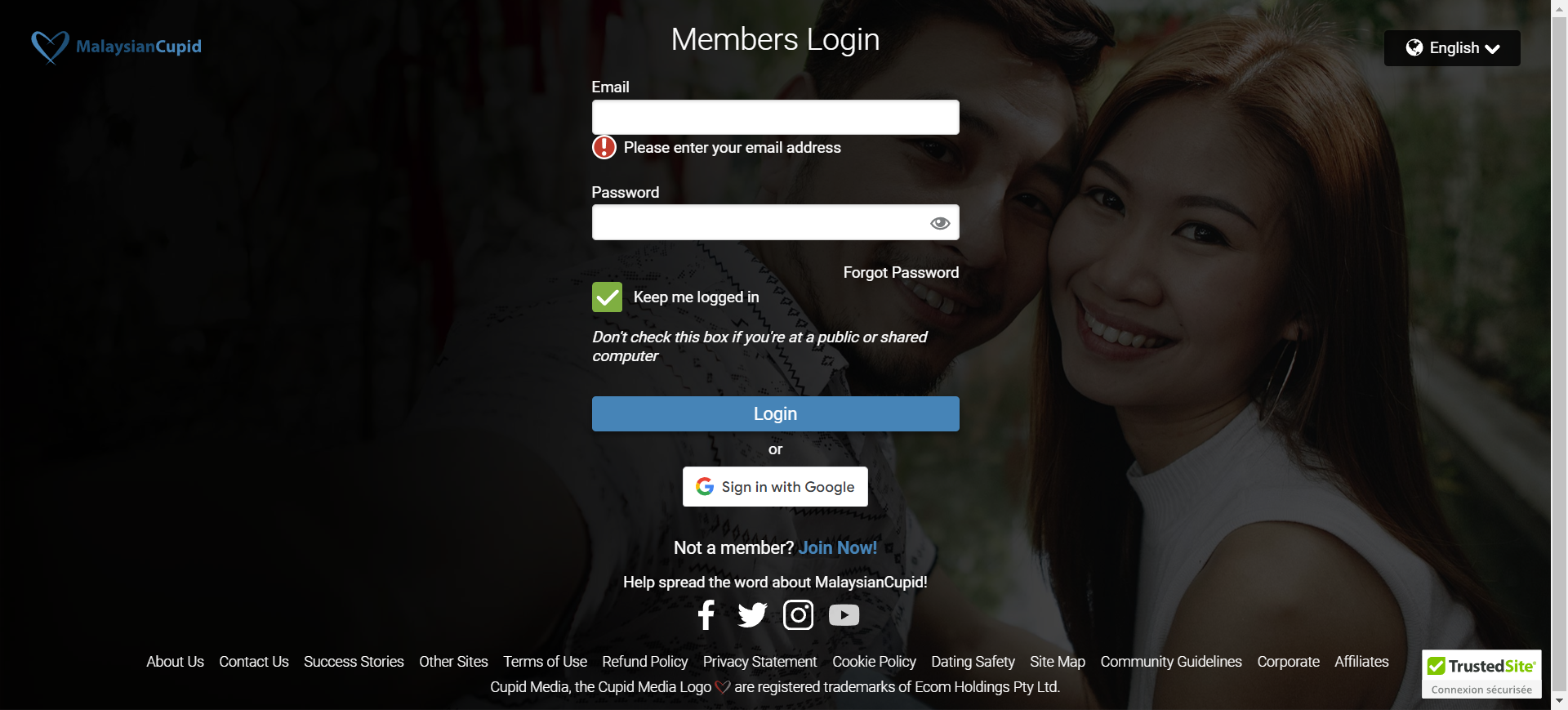 A login page for a dating site featuring fields for username and password, along with a login button and a signup link.