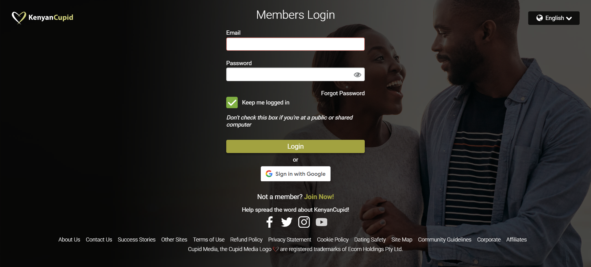 A login page for a dating site featuring fields for username and password, along with a login button and branding elements.