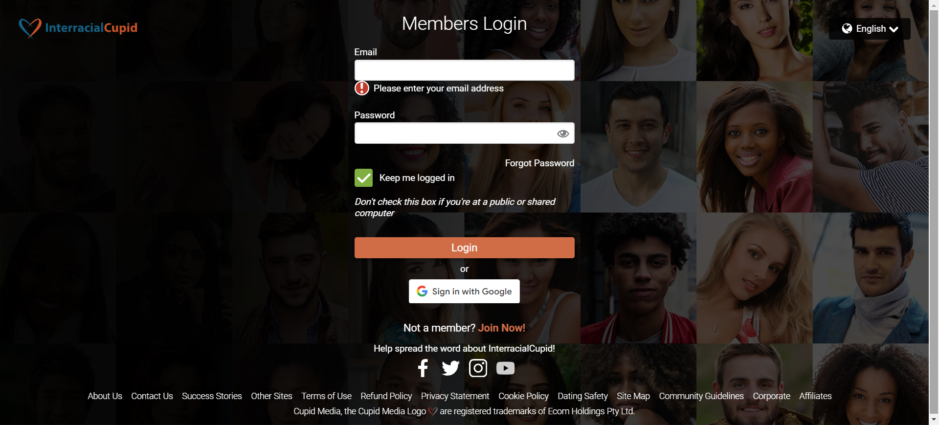 A login screen for a dating site featuring fields for username and password, along with a login button and branding elements.