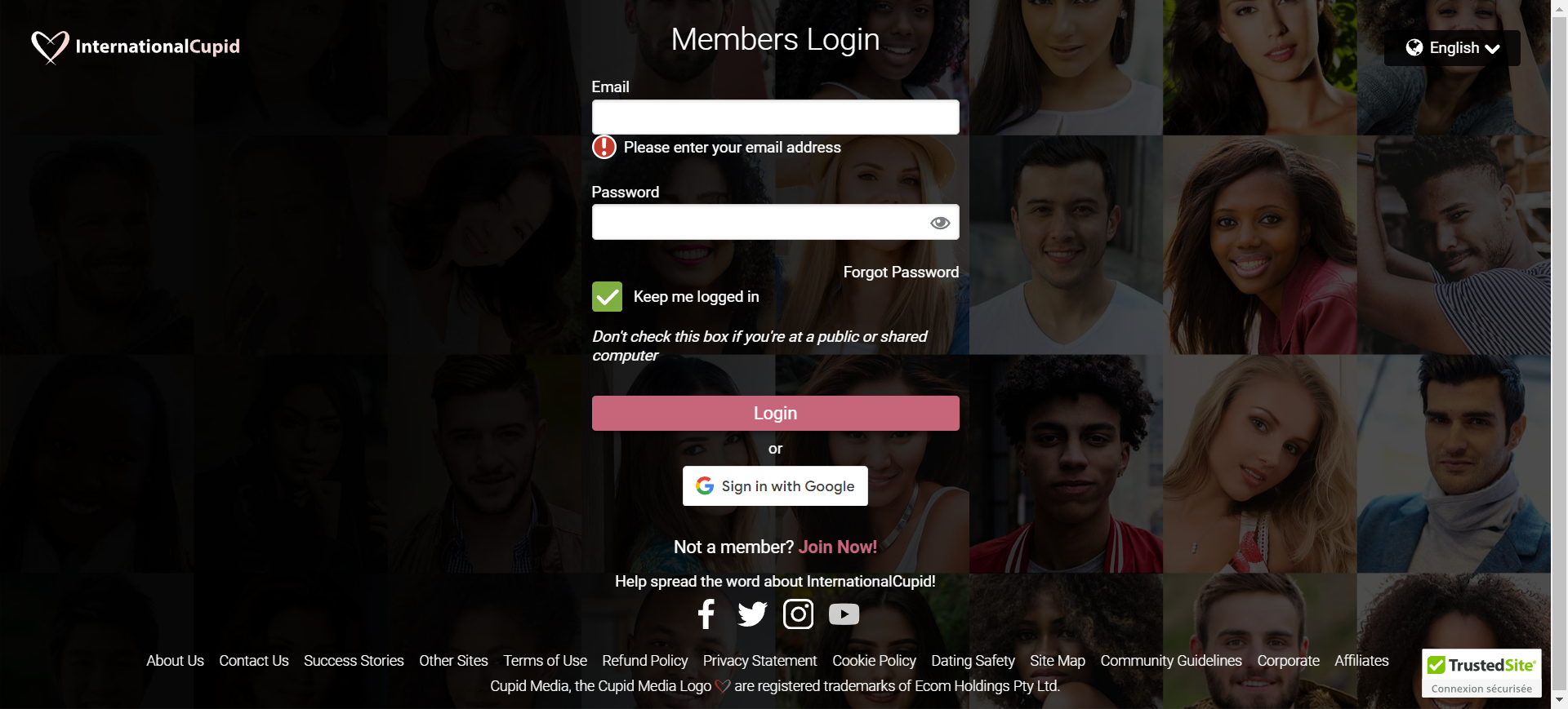 A login page for a dating site, featuring fields for username and password, inviting users to access their accounts.