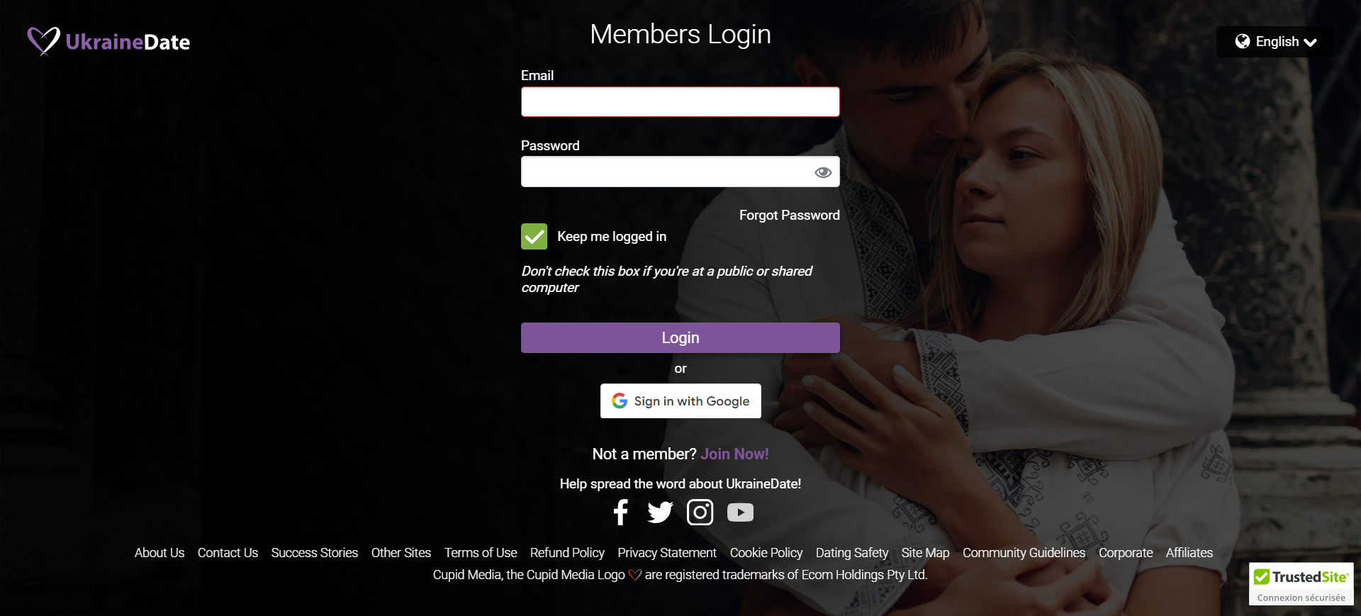 A couple shares a heartfelt hug against a striking purple login page, illustrating love and unity in a digital space.