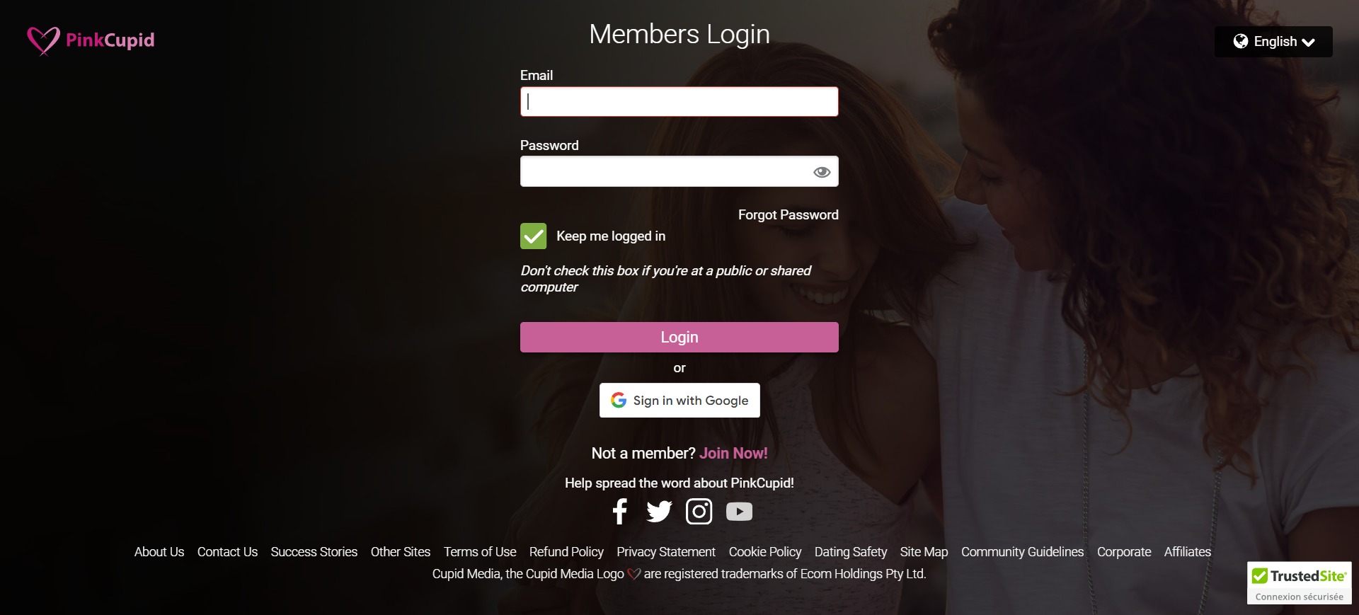 A dating site login page displaying username and password fields, accompanied by a login button and site logo.