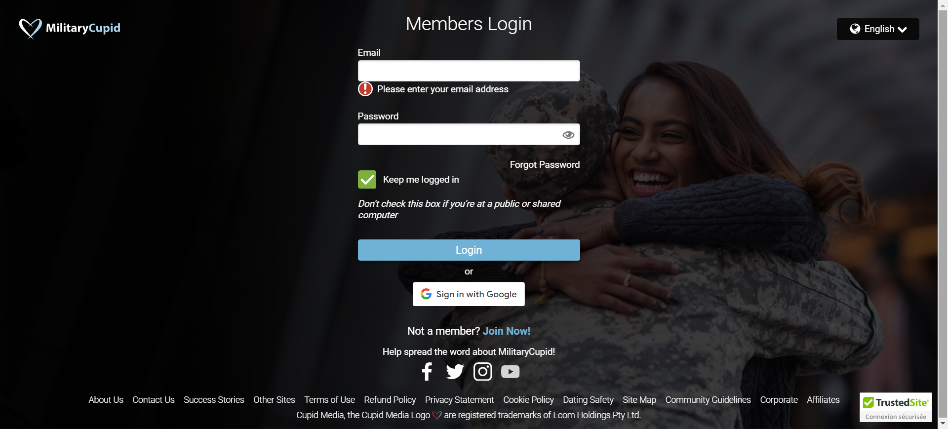 A login page for a military dating site featuring fields for username and password, with a military-themed background.