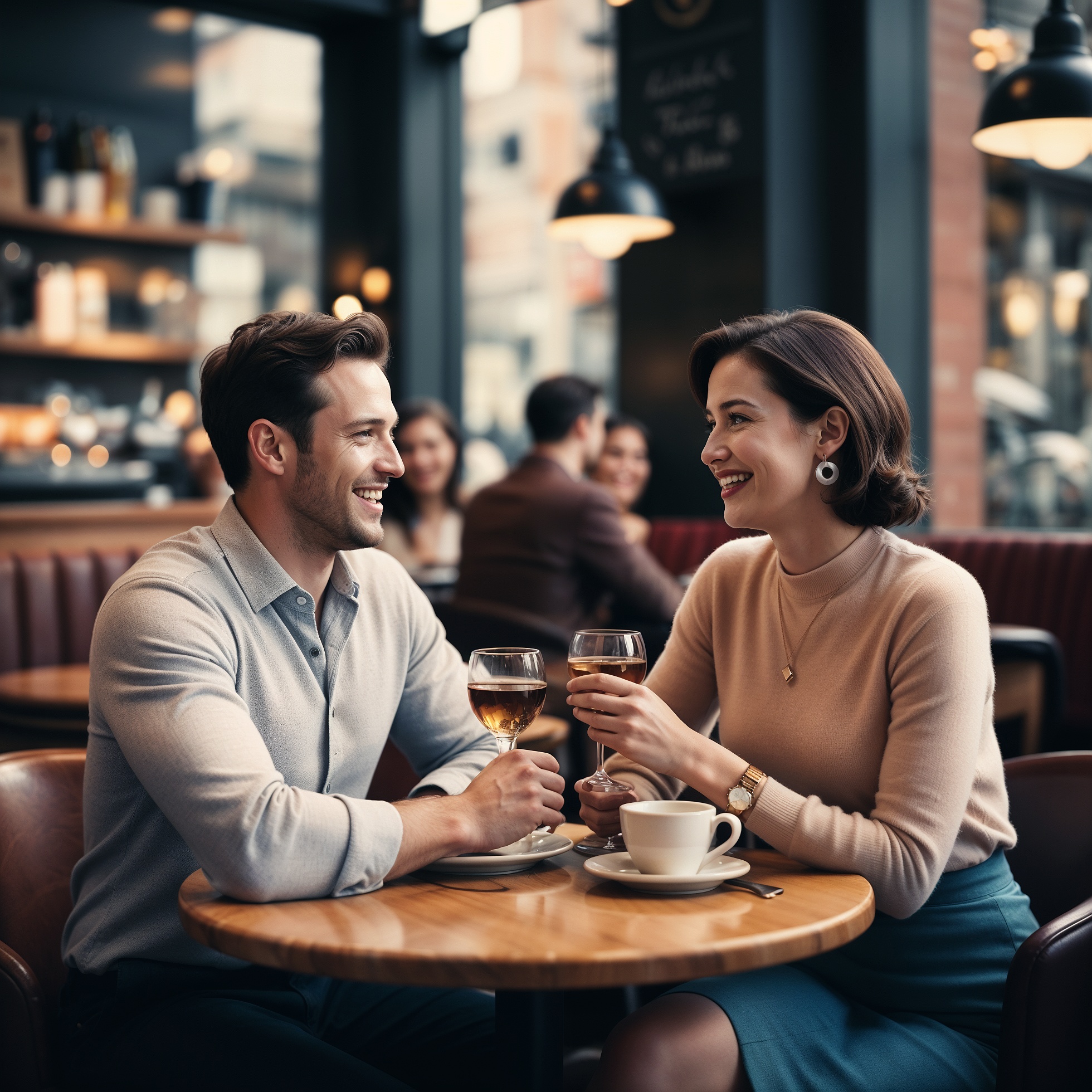 A man and woman engage in a conversation at a restaurant, surrounded by a cozy atmosphere and dining patrons.